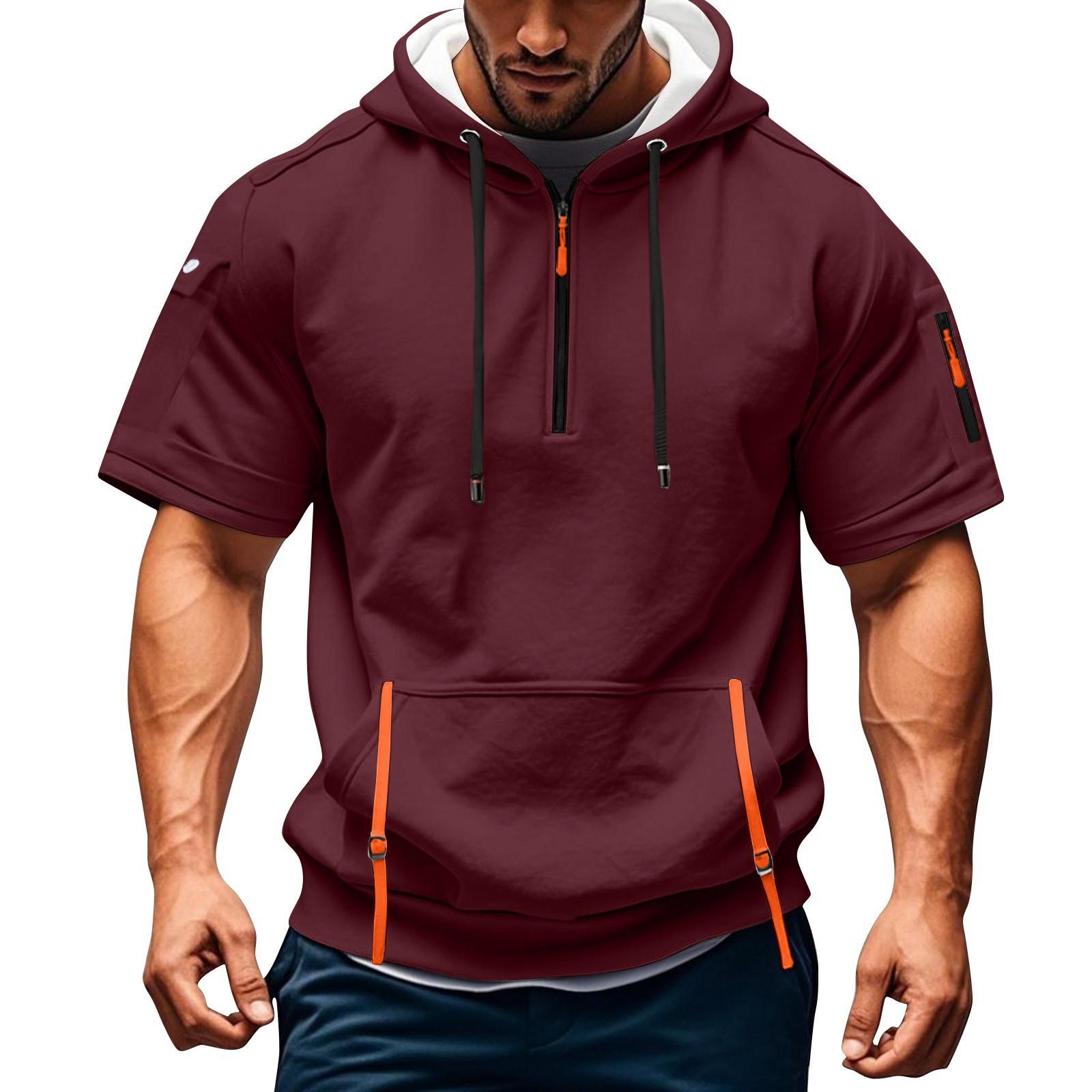 Blackrose Heren Zomer Shirt Ritszak Korte Mouw Hoodie Heren Sport Grote Maat Casual Sweatshirt XL wijn