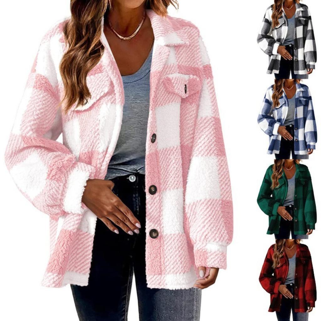 Damen WendeKragen Langarm Jacke Lockerer Sitz Kariert Fleece Shacket Knopfleiste Flanell Mantel
