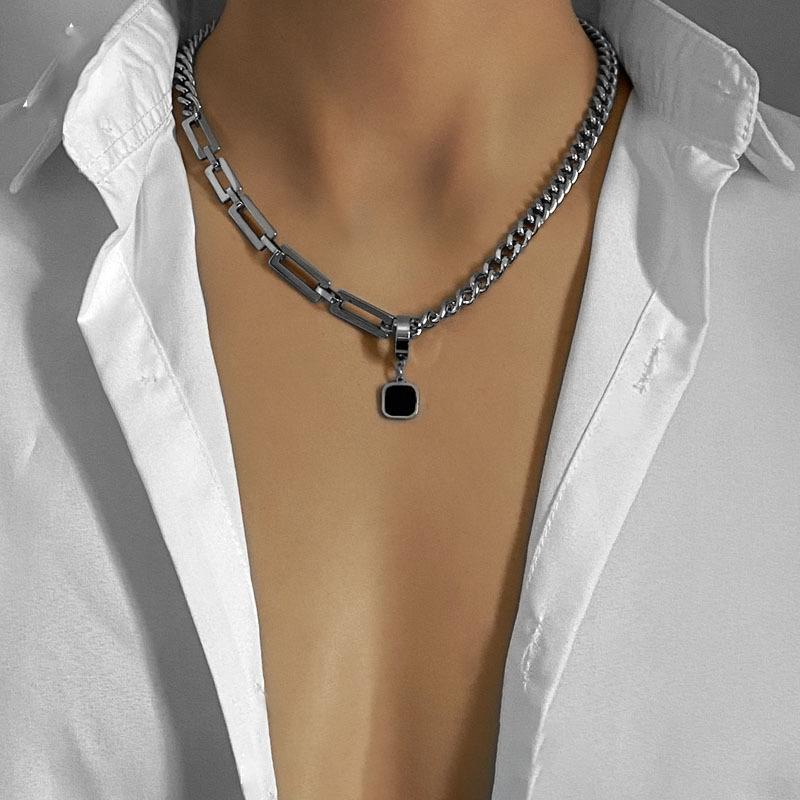 Collar de Cadena de Acero Inoxidable de Moda con Colgante de Piedra Negra para Hombre 50CM+5CM de Longitud Gargantilla Cadenas de Cuello Masculinas