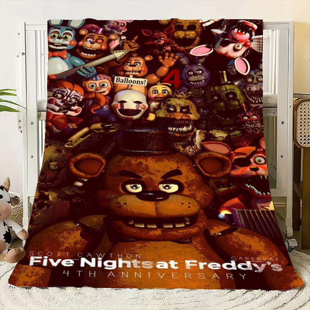 Fünf Nächte bei Freddy's 4. Jubiläumsdecke - Gemütlicher Fleece-Überwurf mit ikonischen Animatronics, einschließlich Freddy Fazbear, Clow