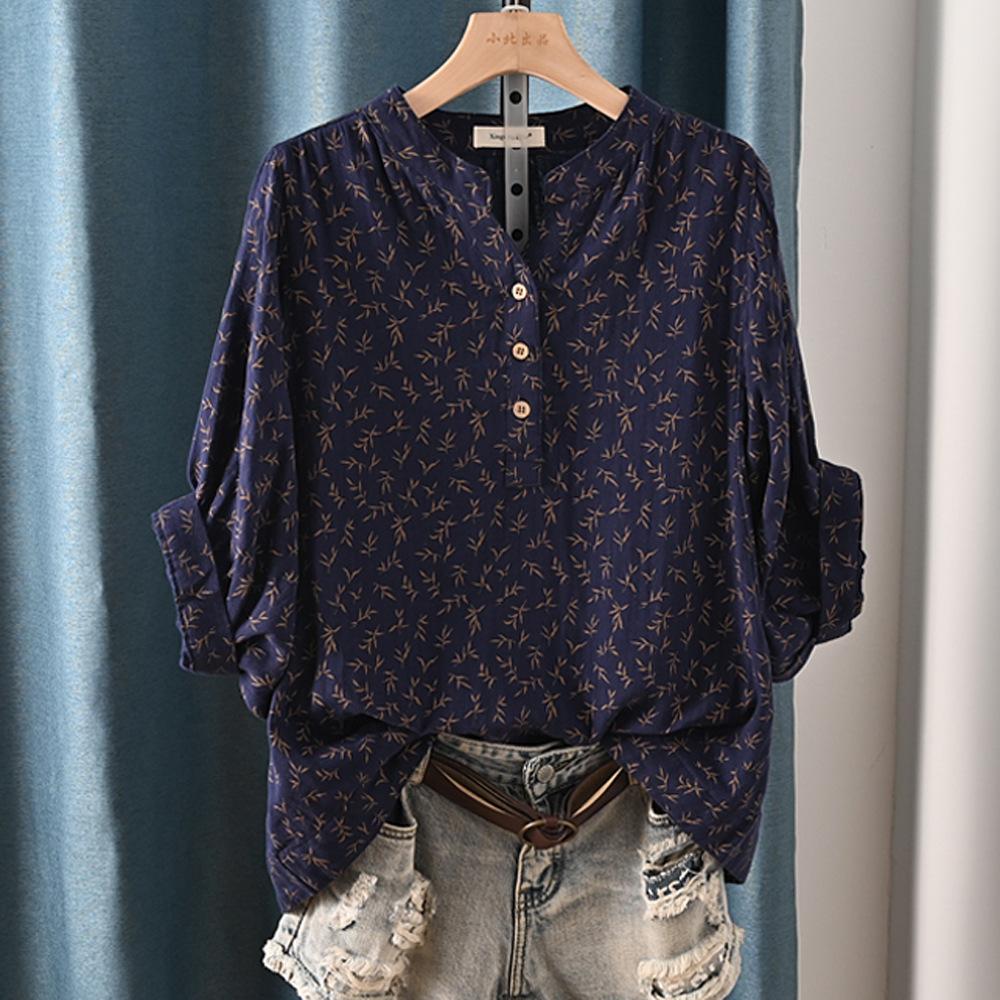 Women Cotton Casual Shirt Batwing Sleeve Stand Collar Printed Top Girl OL Loose Blouses 2024 Summer T447104QM