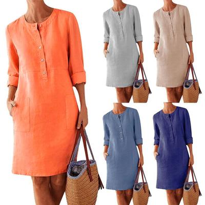 Vestidos de Algodón Lino Manga Larga Cuello O Rodilla para Mujer Bolsillo Sólido Moda Vestido de Fiesta Talla Grande Vestido Fruncido