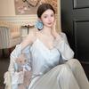 Women’s Spring Autumn Lace Ice Silk Pajama Set Sexy Camisole Top, Long Pants and Robe Three-Piece Loungewear