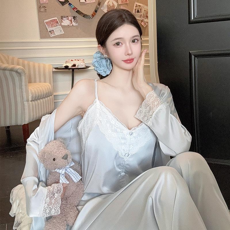 Women’s Spring Autumn Lace Ice Silk Pajama Set Sexy Camisole Top, Long Pants and Robe Three-Piece Loungewear
