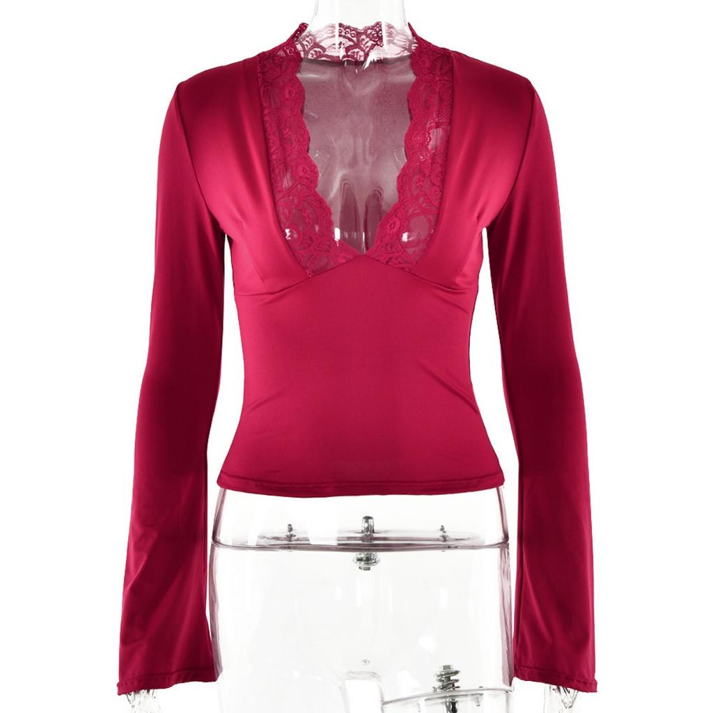 Women's Sexy Long Sleeve Slim Fit V-neck Lace Spliced Basic Top, Popular Casual Blouse for Daily Wear