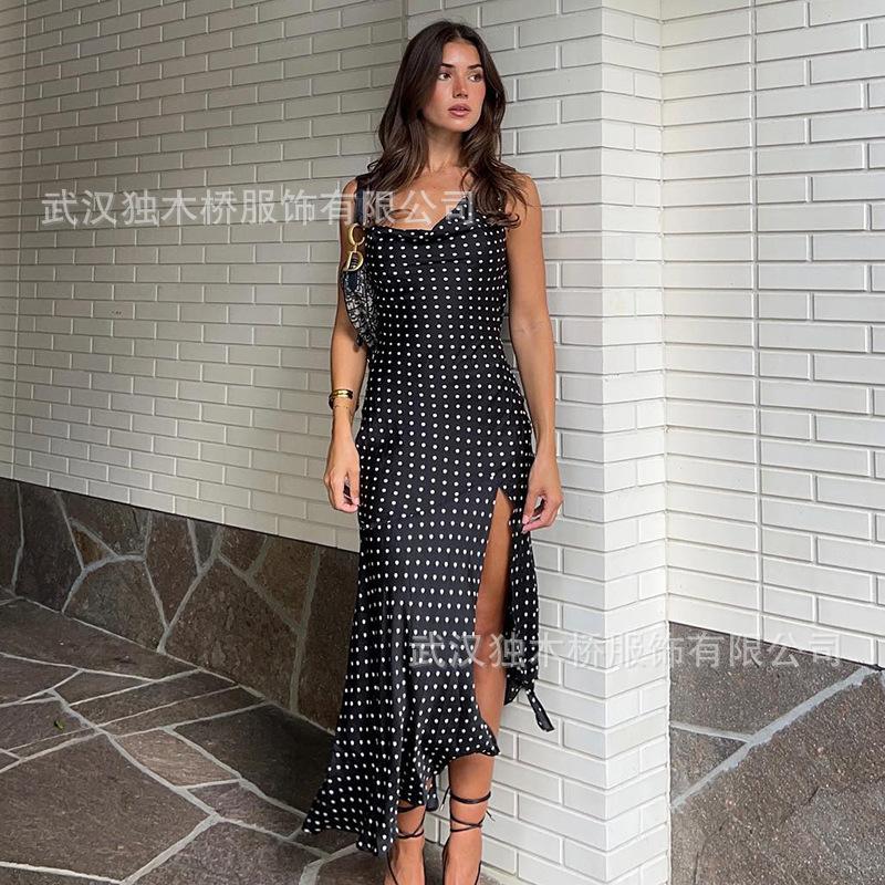 European and American new polka dot suspender swing neck dress women's fashion sexy sleeveless backless split long