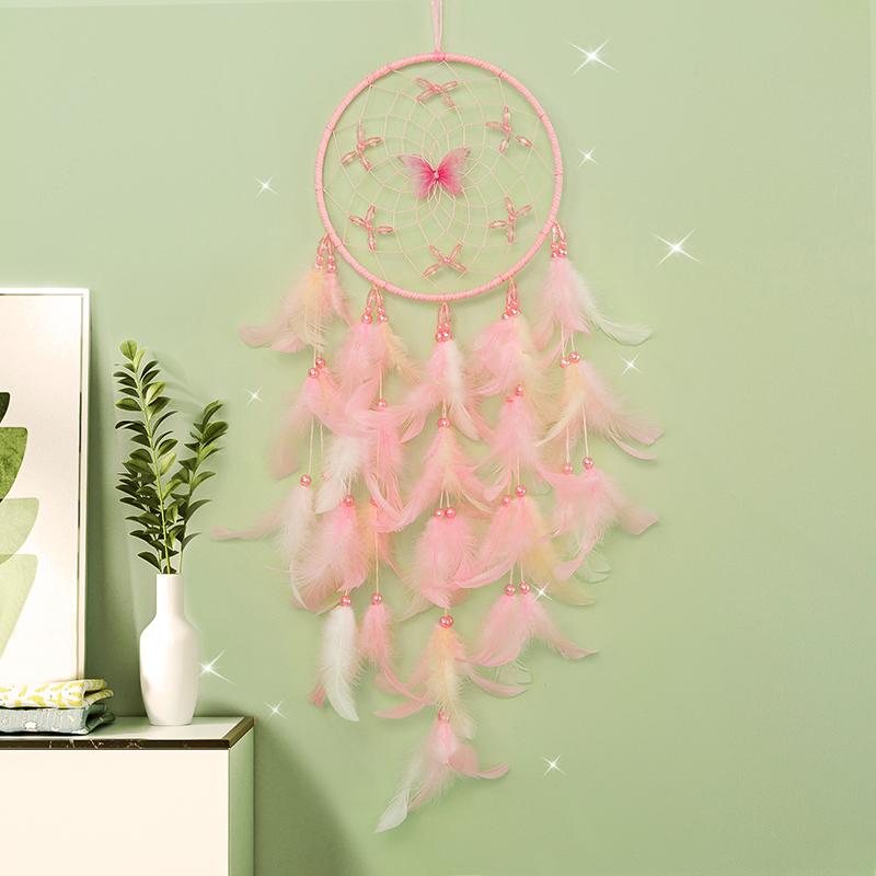 Łapacz Snów Elegancki Ręcznie Tkany Różowe Pióra Dzwonki Wiatrowe Wiszący na Ścianę Sypialnia Wiszące Ozdoby Urodzinowe Dekoracja Domu