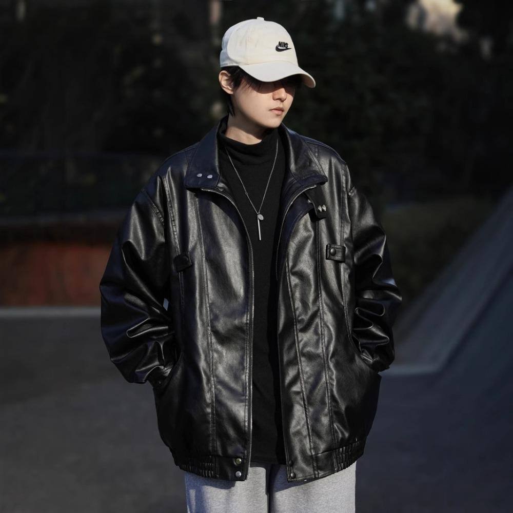 Spring and Autumn American Retro Pilot PU Leather Jacket Men and Women Ruffian Handsome Trend Loose Stand-up Collar Leather Jacket Top