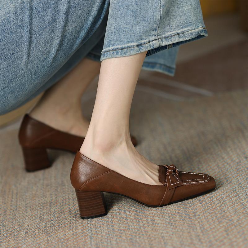 Fashion Retro Bowknot High Heels 2025 New Spring Autumn Fashion Elegant Square Toe Stiletto Chunky Heels Pumps Party Dress Casual Shoes
