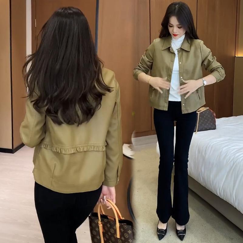 Kurzjacke aus Leder für Damen Herbst neu trendig modisch locker schlank vielseitig PU-Leder vielseitige Lederjacke trendig