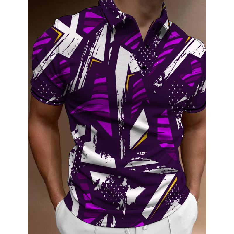 Trendy Wolf Forest Print Short Sleeve Polo, Casual Men's Top