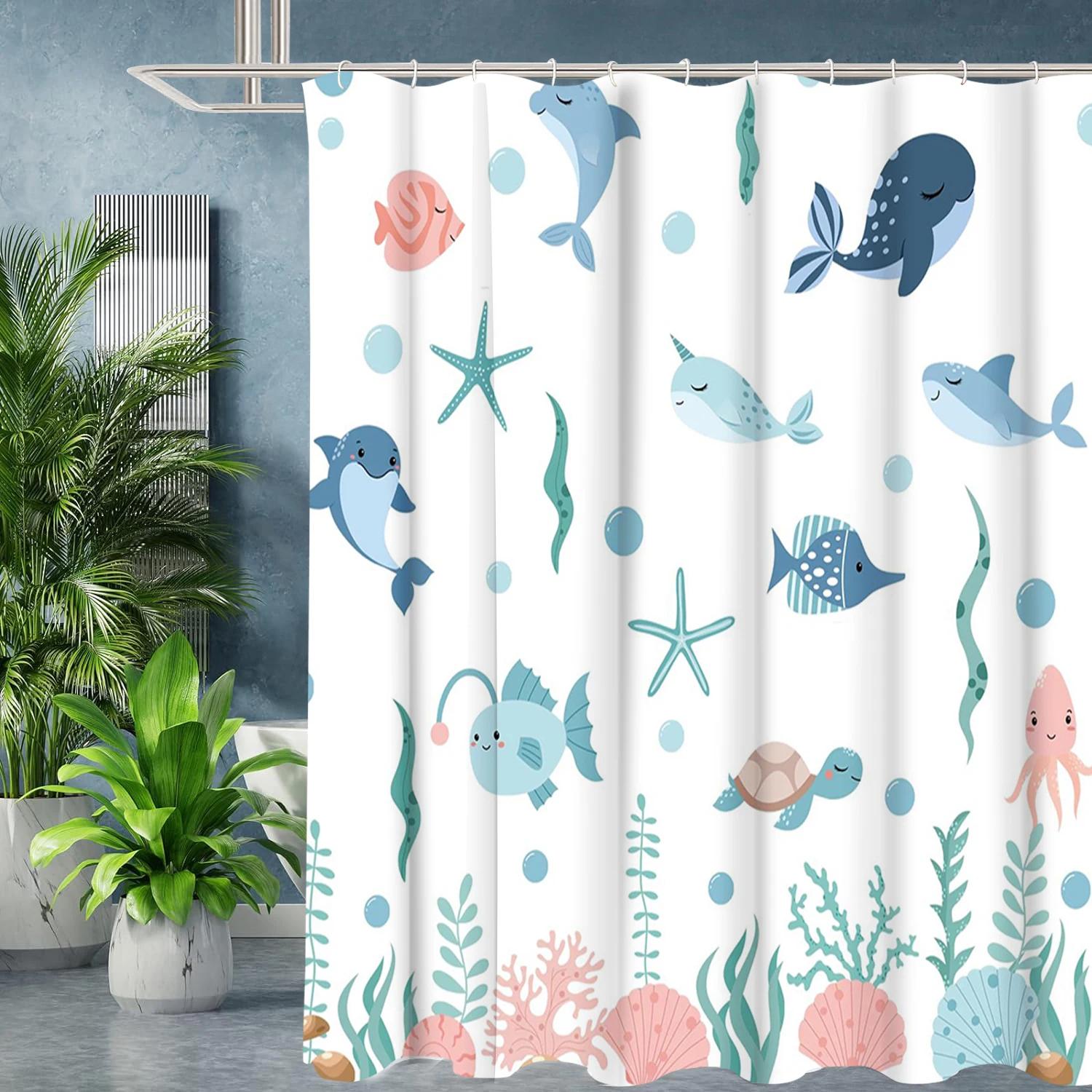 

Cartoon Fishes Bathing Curtain Bathroom Shower Curtain Waterproof With 12 Hooks Home Deco W60H190(CM)-1 Pcs