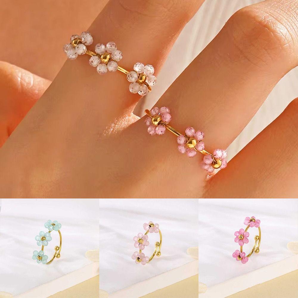 Colorful Flowers Open Ring Stainless Steel Finger Jewelry Fashion Flower Ring  For Women Girls