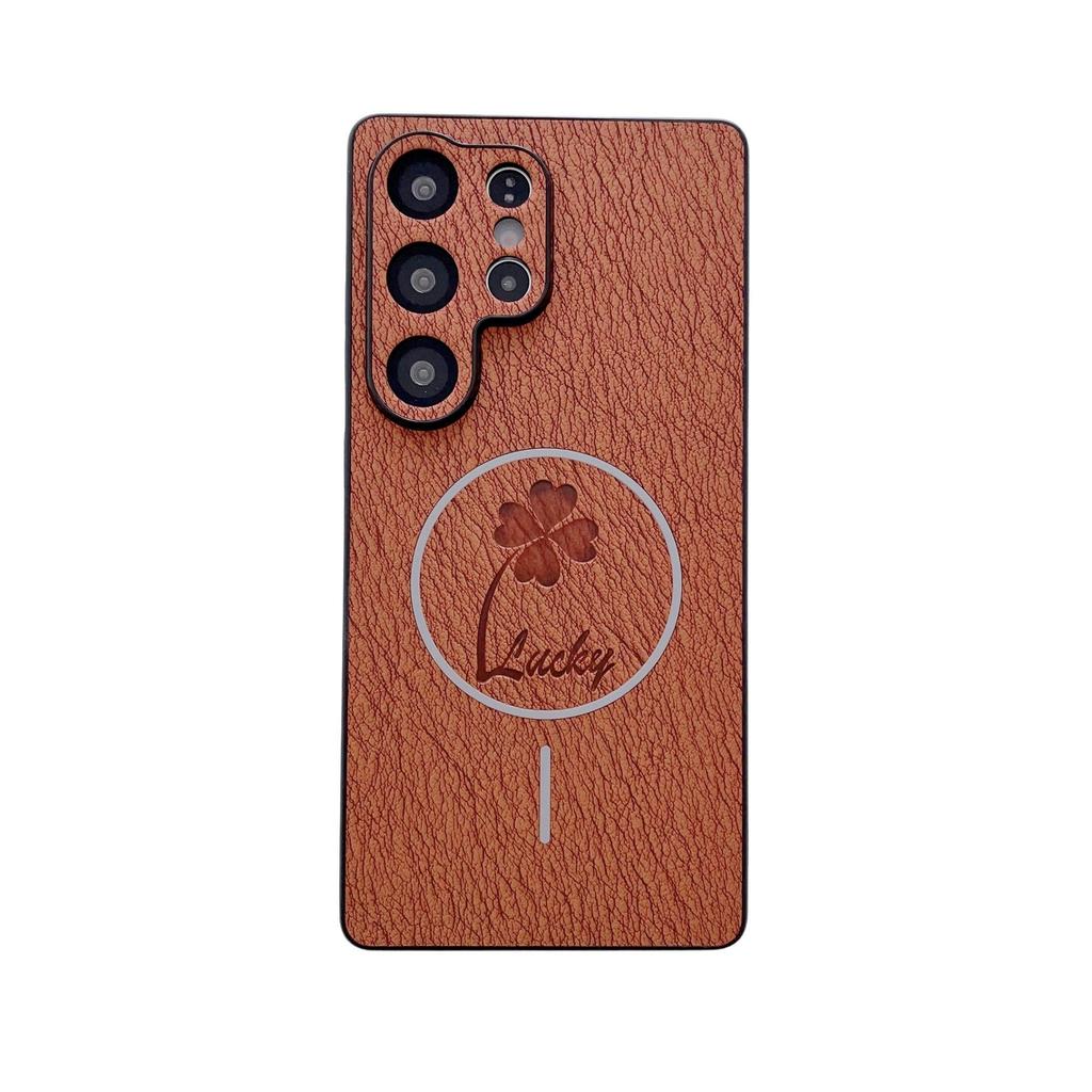 Samsung S25 Ultra/S24 FE Leather Texture Magnetic Ring Phone Case - Four-Leaf Clover Design, Full Coverage, Simple & Slim.