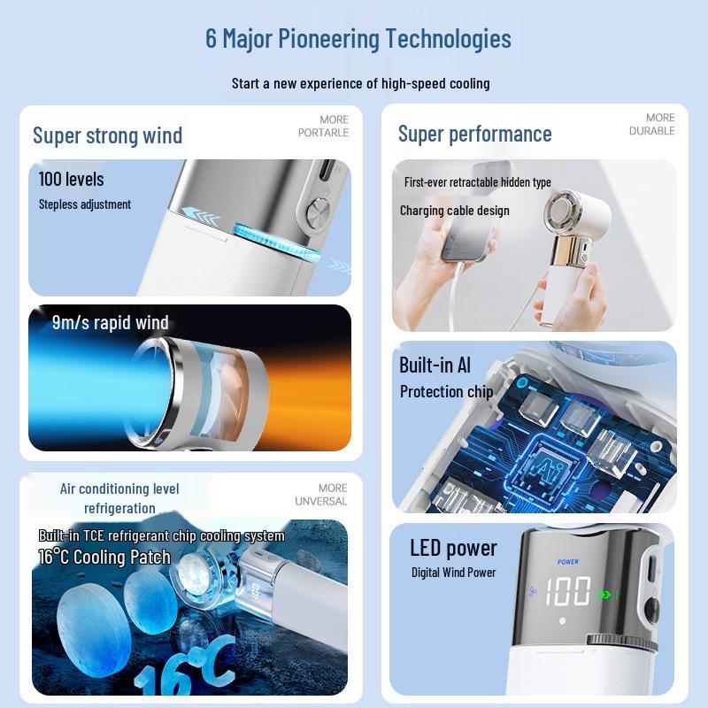 High-Speed Handheld Fan with Semiconductor Cooling, Long Battery Life & Built-in Retractable USB Power Bank