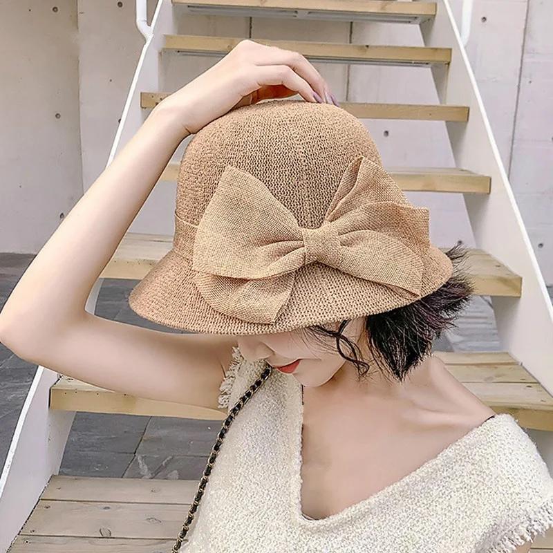 Women Summer Fashion Hats Big Bow-knot Straw Hat Solid Color Sun Cap Foldable Fisherman Fashion Accesssories Women Hats