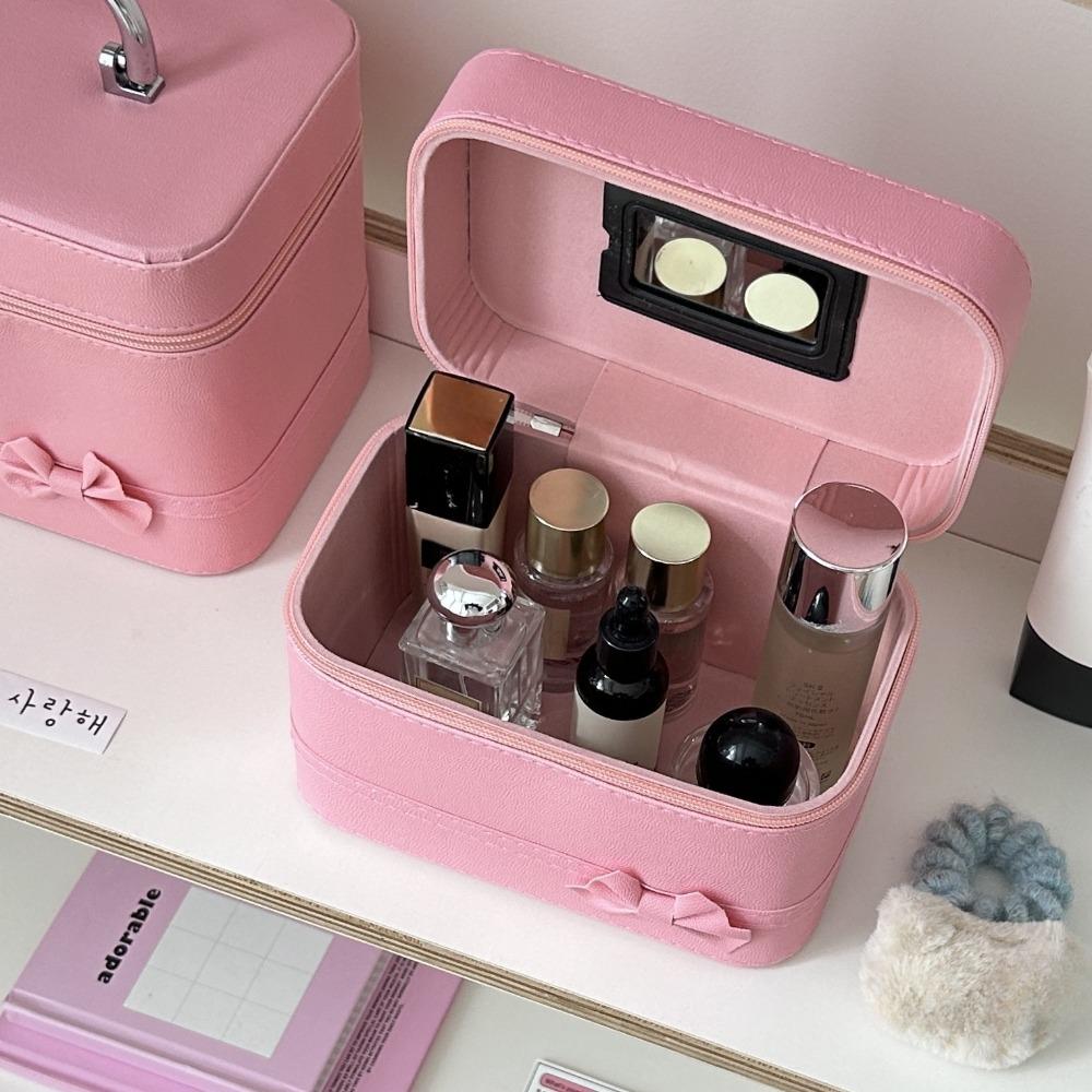 Pink Bow PU Leather Makeup Bag Portable Handheld Makeup Case Skincare Product Storage Box Trips