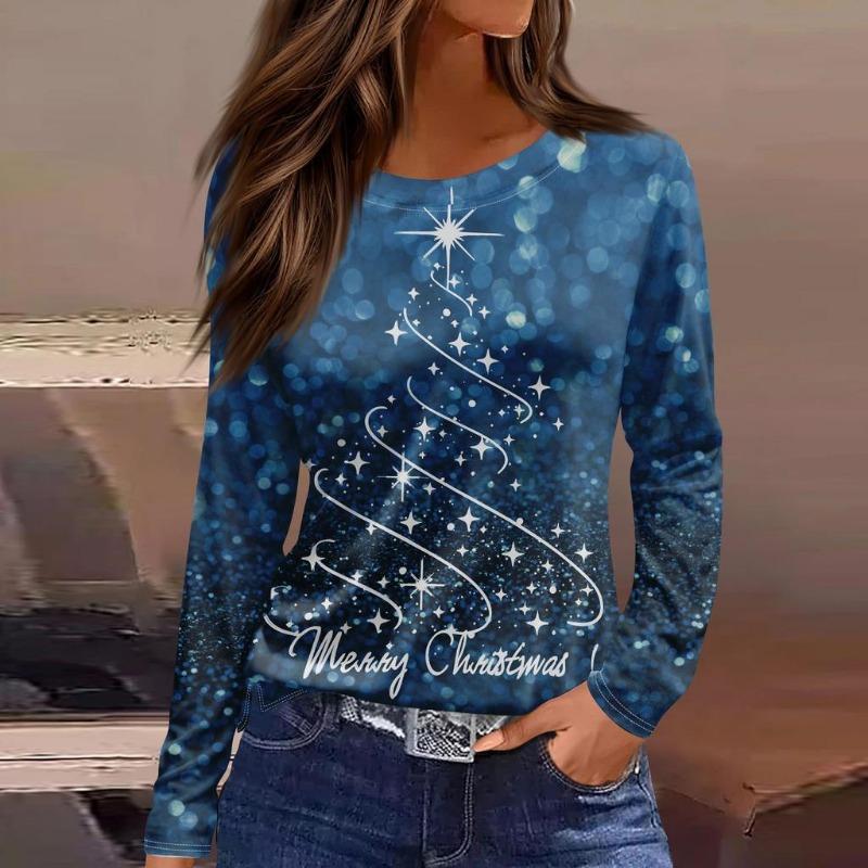 Women's Christmas Themed Round Neck Long-sleeved T-shirt with Colorful Christmas Tree Print and Comfortable Polyester Pullover
