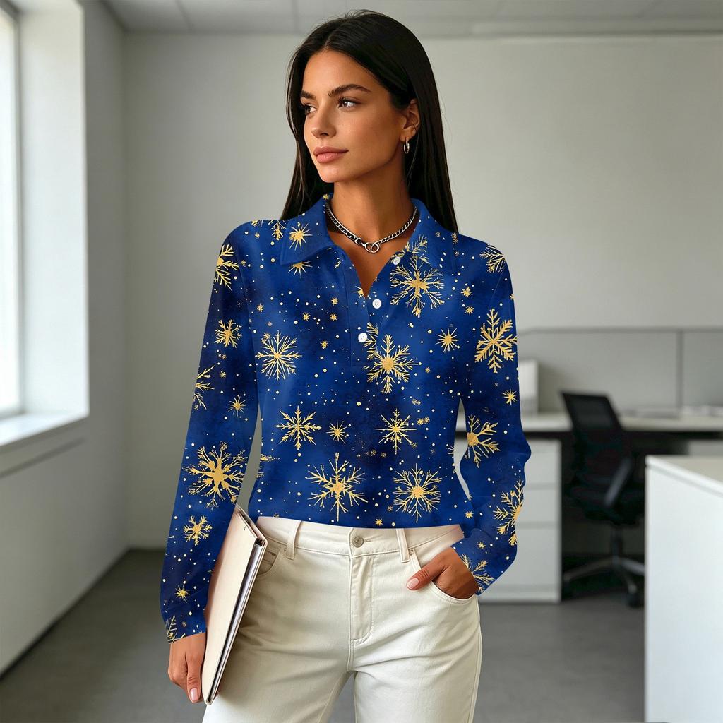 Women's Christmas Print Long Sleeve Button Front Collared Casual Top with Side Slits