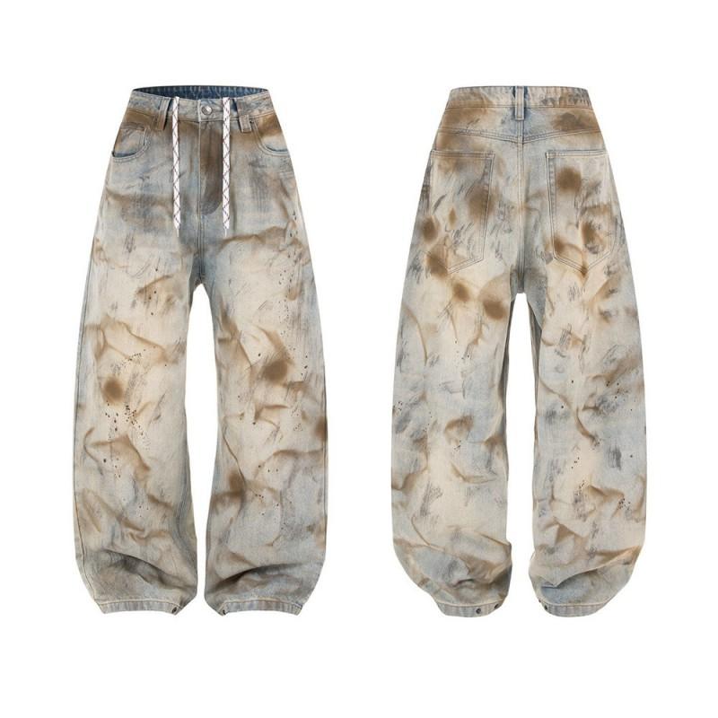 Mens Loose Wide-Leg Jeans Streetwear Punk Tie-Dye Wash Casual Long Pants