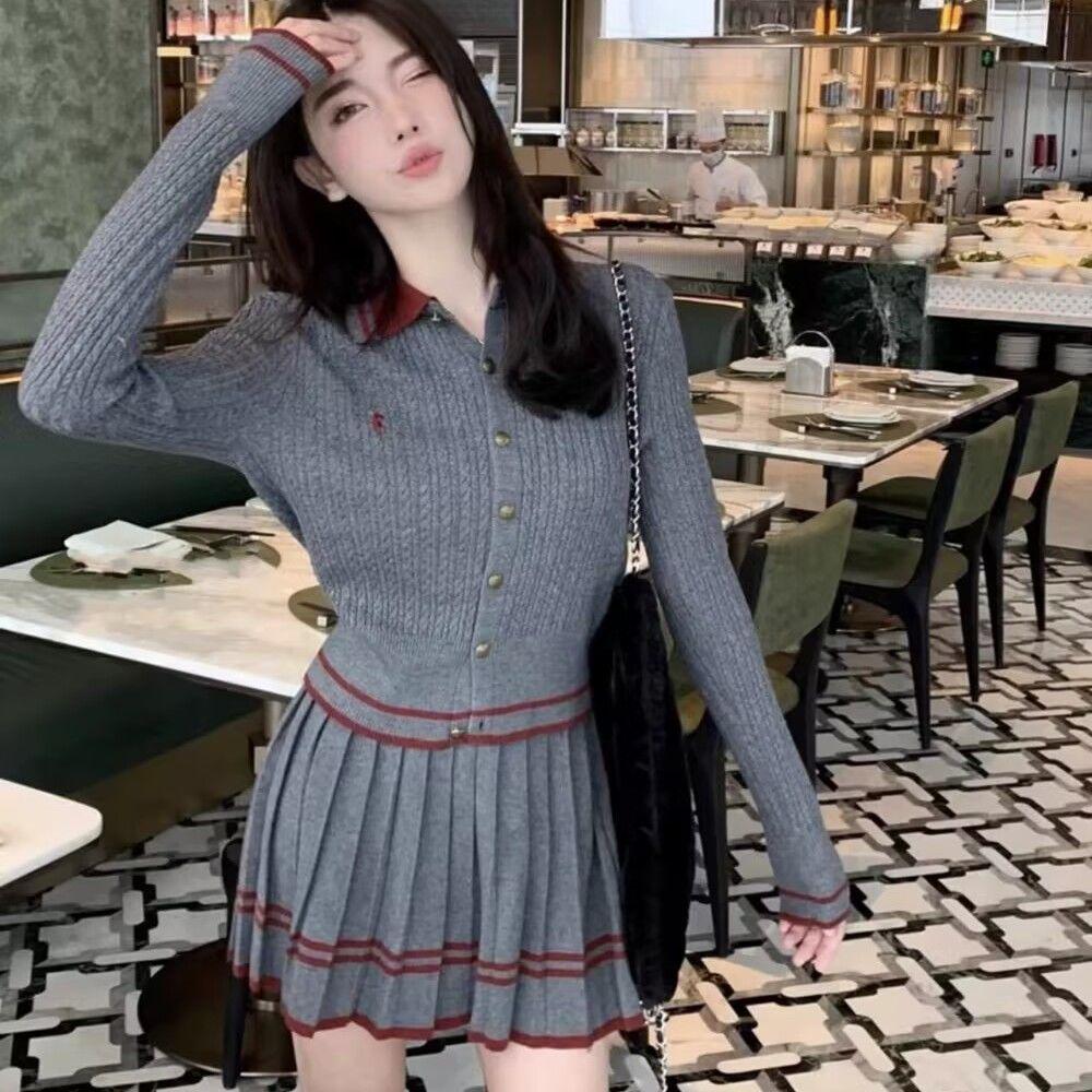 Preppy Two-Piece Knit Cardigan & Pleated Skirt Set with Polo Collar