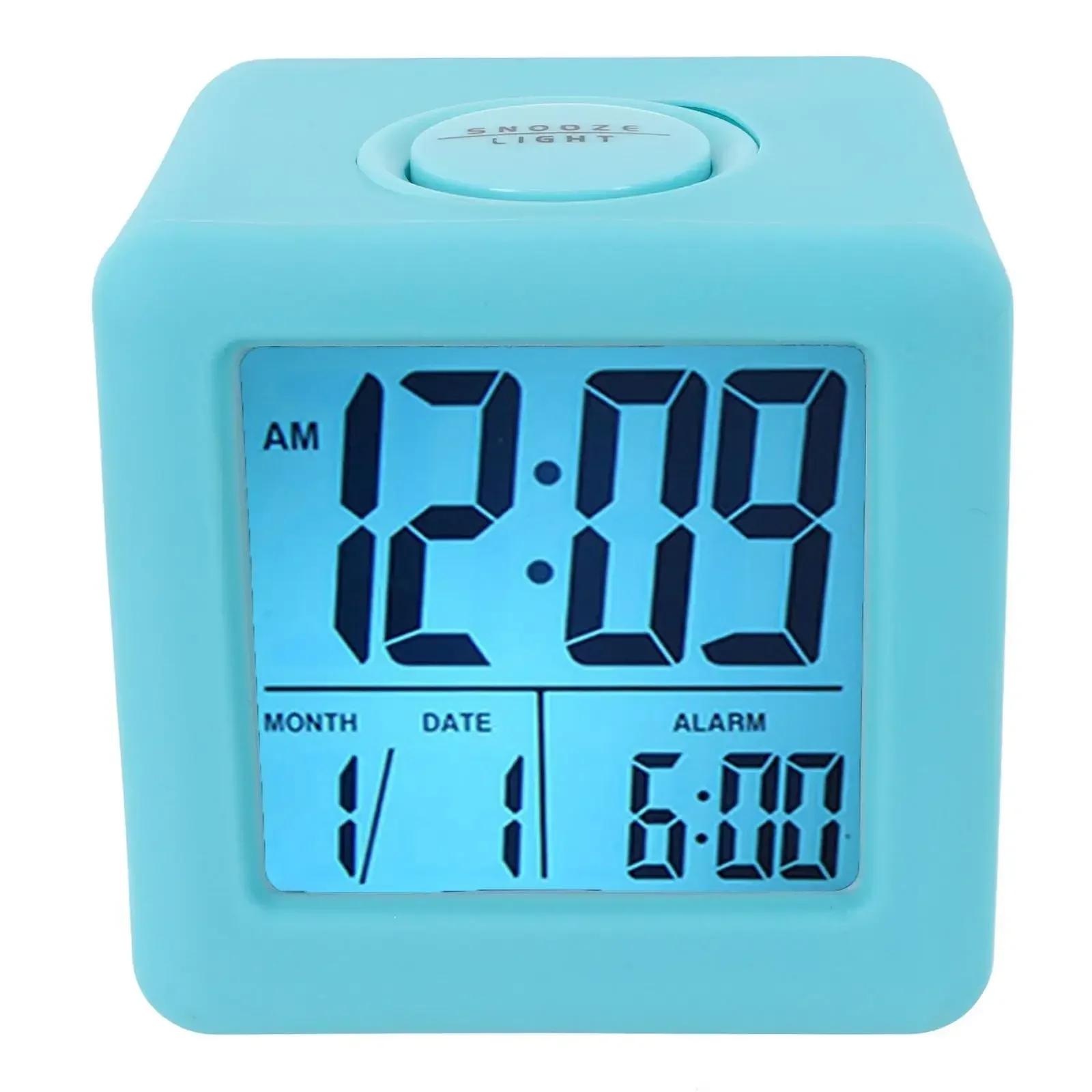 

1pc LCD Alarm Clock Soft Square LCD Digital Alarm Clock With Smart Light Silicone Protection For Home Room Decoration CHINA синій