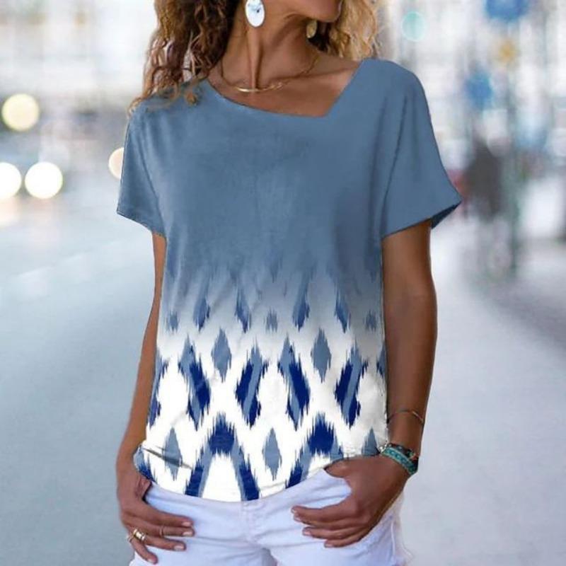 

Женская футболка с цветочным принтом на весну и лето, асимметричный топ с V-образным вырезом и короткими рукавами для женщин, футболки женские 5XL