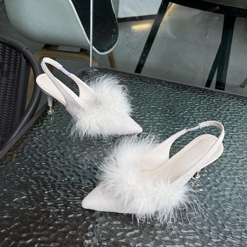 Тапочки на каблуке женская обувь женские туфли-лодочки однотонные летние женские шлепанцы из флока с острым носком без шнуровки на меху на высоком каблуке 34 бежевый 1980₽