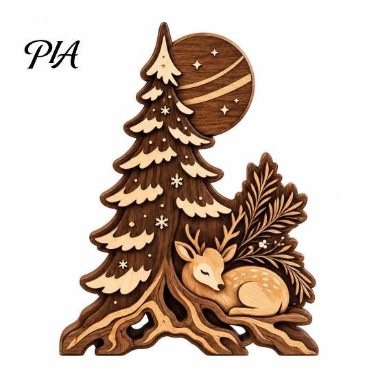Christmas Gift for Friends Family Forest Deer & Tree Silhouette Figurine, Rustic Layered Cutout Tabletop Ornament, Winter Seasonal Tiered Tray
