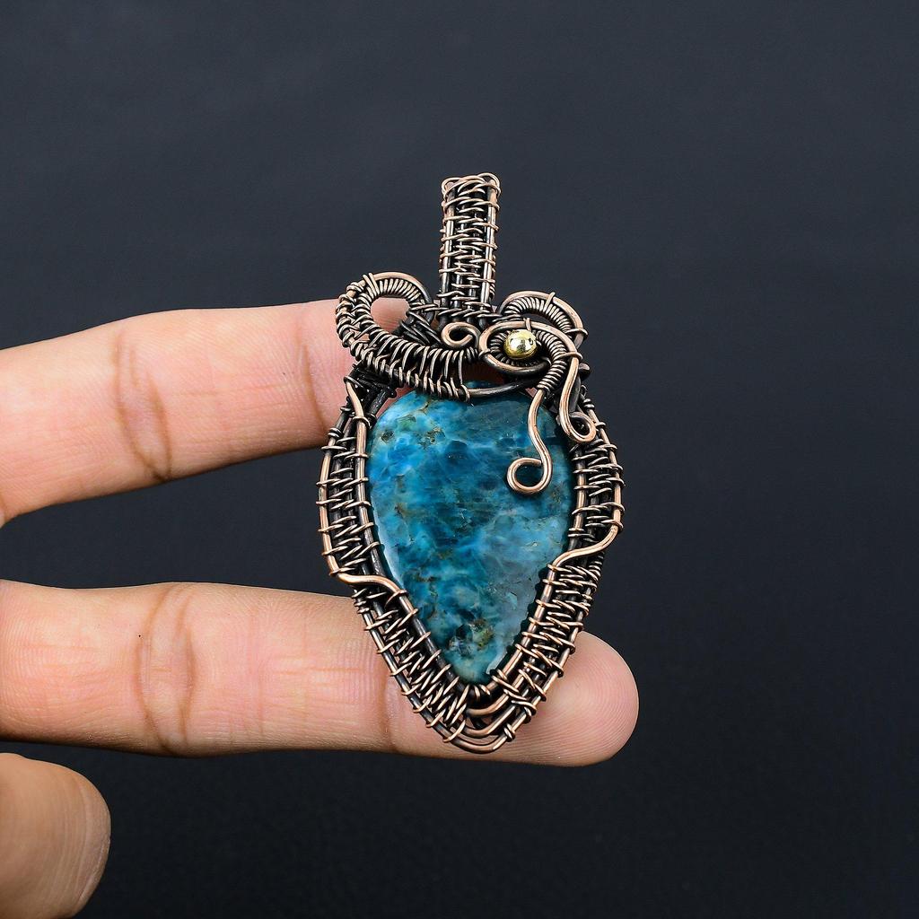 Neon Blue Apatite Gemstone Pure Copper Wire Wrapped Handmade Pendant Jewelry