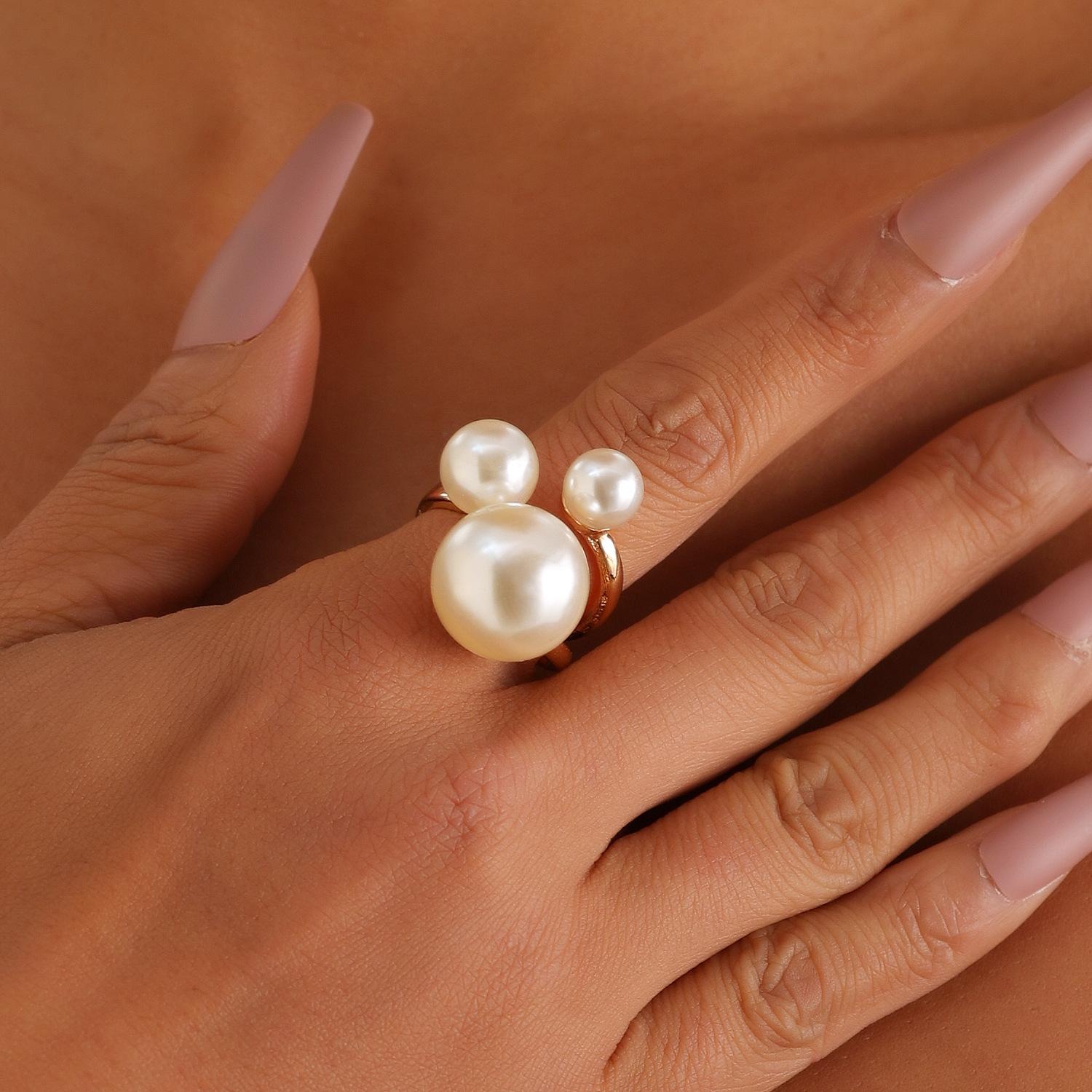 

European and American rings, three imitation pearl metal base rings, French creative rings, trend joint rings