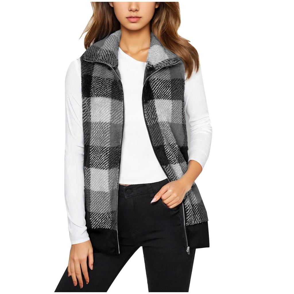 Women's Zipper Plaid Vest Sleeveless Lapel Front Cardigan Wool Sweater Autumn Fashion Plush Jacket Coat
