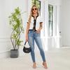 Frühling Sommer Damen Strickjacke mit Bindeband Kurze Ärmel Weiß Schwarz Besatz Strickoberteil