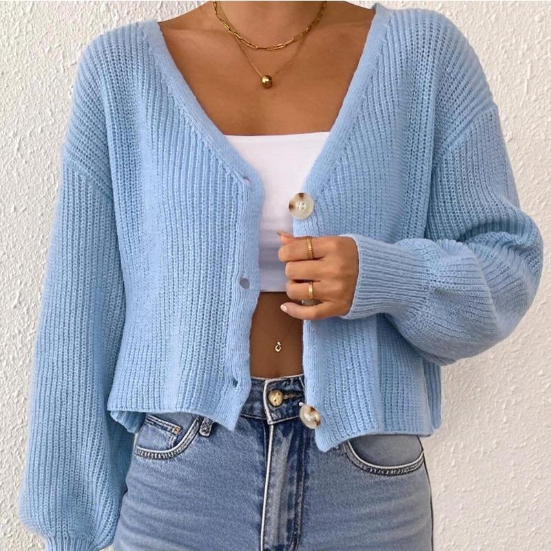New Autumn and Winter Solid Color Button Cardigan Deep V Short Loose Jacket Casual Top