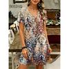 Ethnic Style Floral 3D Print Dress Women V-Neck Short Sleeve Dress Streetwear Casual Loose Plus Size Woman Clothing Summer