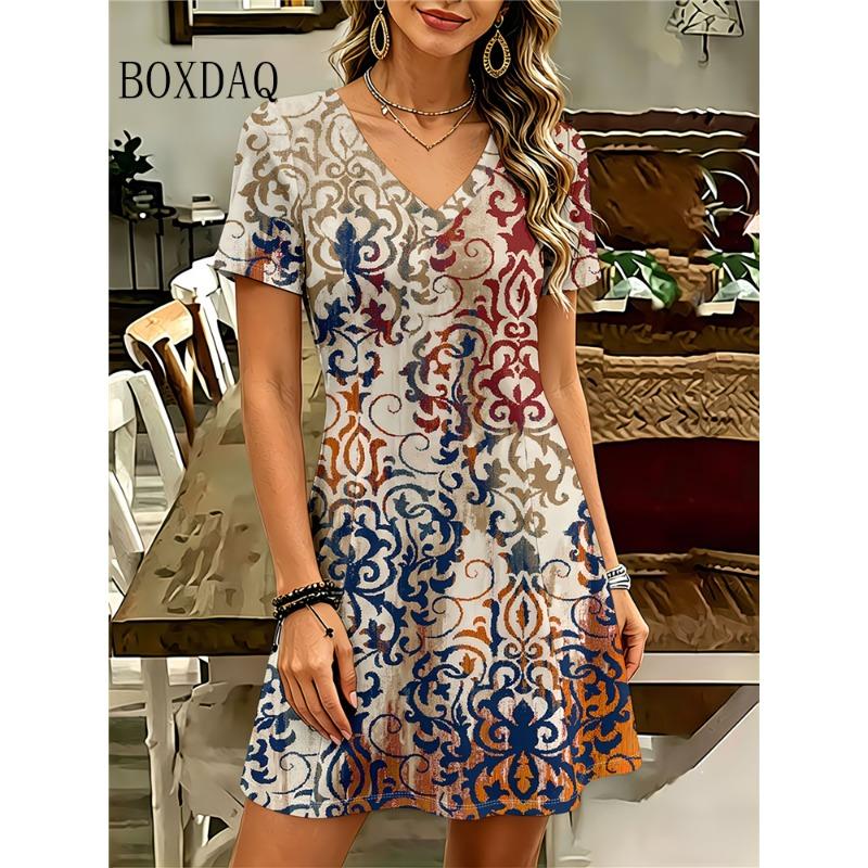 Ethnic Style Floral 3D Print Dress Women V-Neck Short Sleeve Dress Streetwear Casual Loose Plus Size Woman Clothing Summer