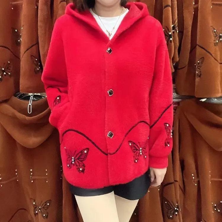 

Women s Fall and Winter Plus Size Faux Mink Causal Jacket Design Hooded Embroidered Jacket 4XL