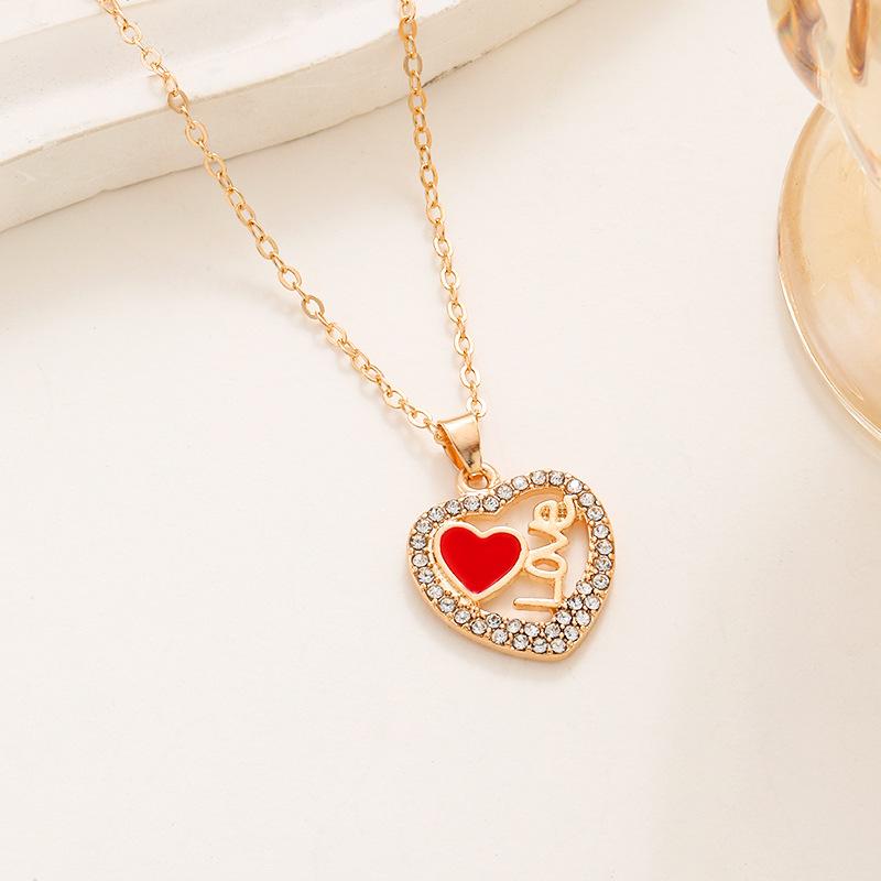 ins Love Jewelry Set Fashion Diamond LOVE Letter Peach Heart Necklace Earrings Ring 3-piece Set