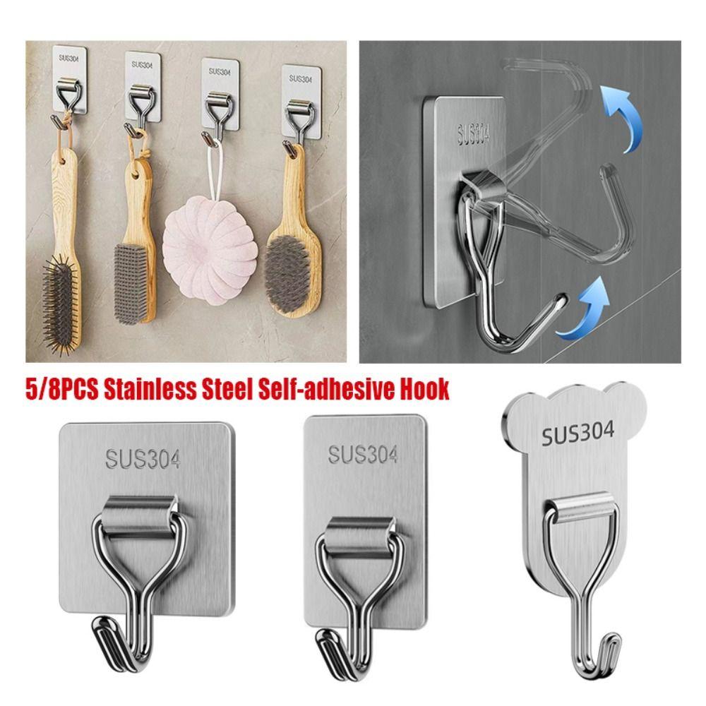 5/8PCS Bear Shape Self-adhesive Hook Stainless Steel No Punching Door Behind Hook Strong Load-bearing Sticky Hook Home