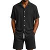 Men Solid Jacquard Short Sleeve Shirt Loose Casual Hawaiian Beach Vacation Two Piece Set
