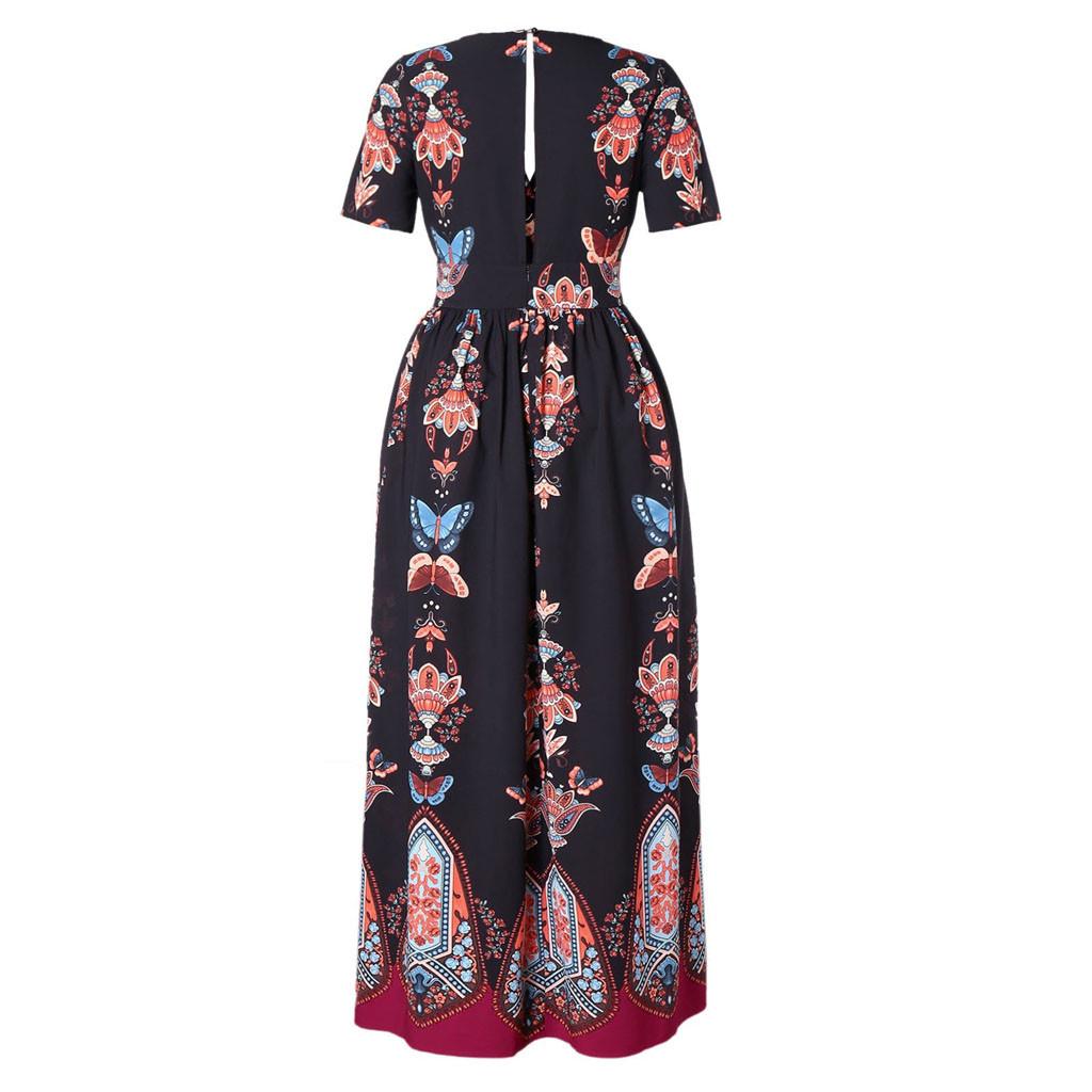 Plus Size Fashion Women Butterfly Printed V-Neck Short Sleeve Casual Long Dress