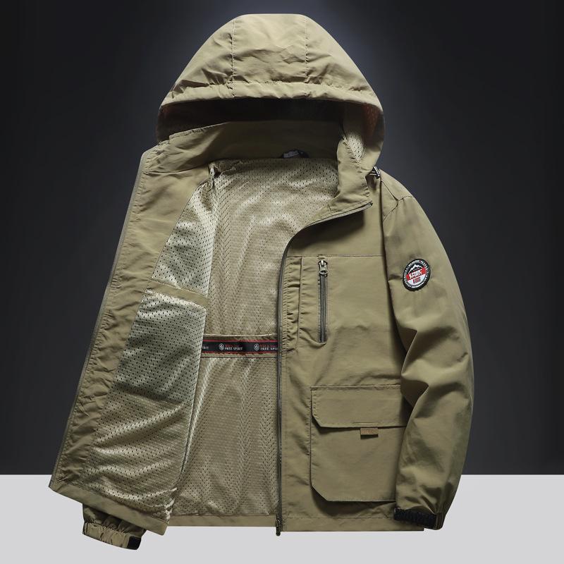 Spring and Autumn Hooded Jacket Men's Multi Pocket Outdoor Casual Jacket Windproof and Breathable Mountain Climbing Sports Casual Top