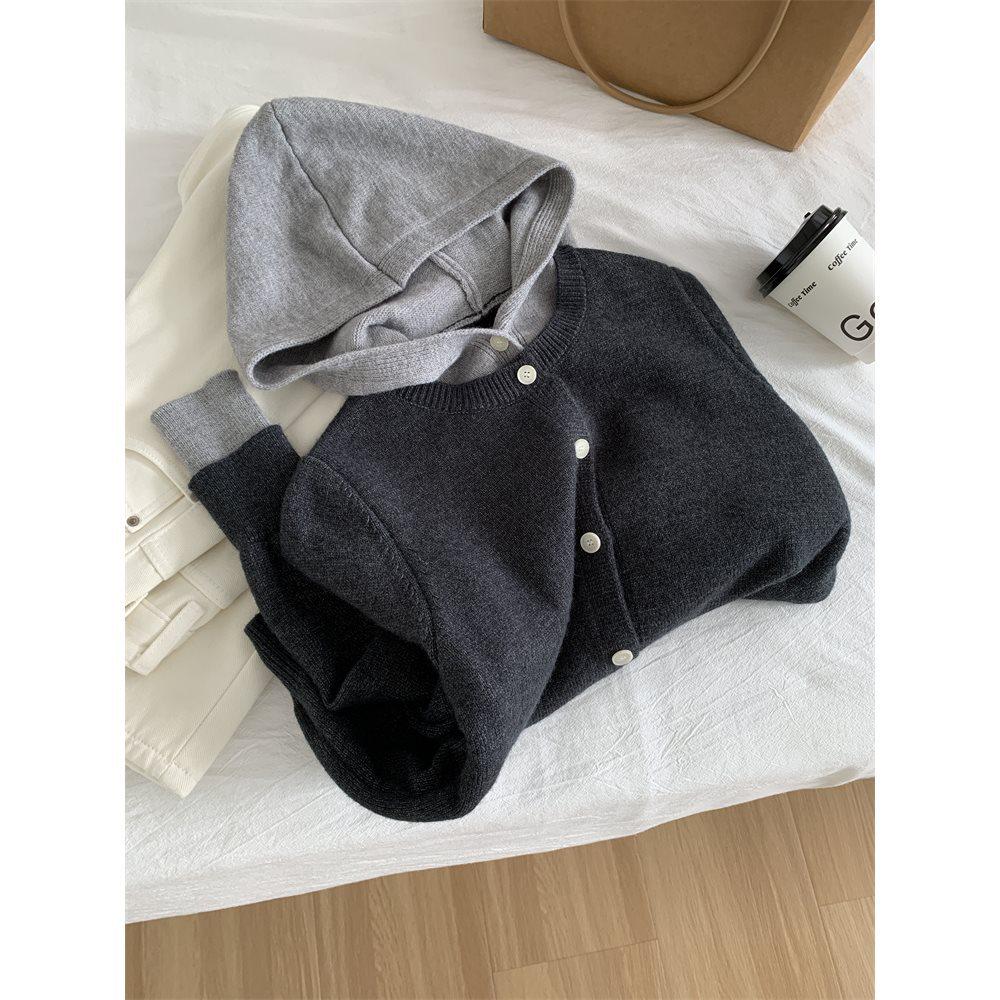 

Кардиган вязаный с капюшоном в стиле колор-блок в корейском стиле - Новый осенний свитер с длинным рукавом из двух частей S (Recommended for 35-47 kg) темно-серого