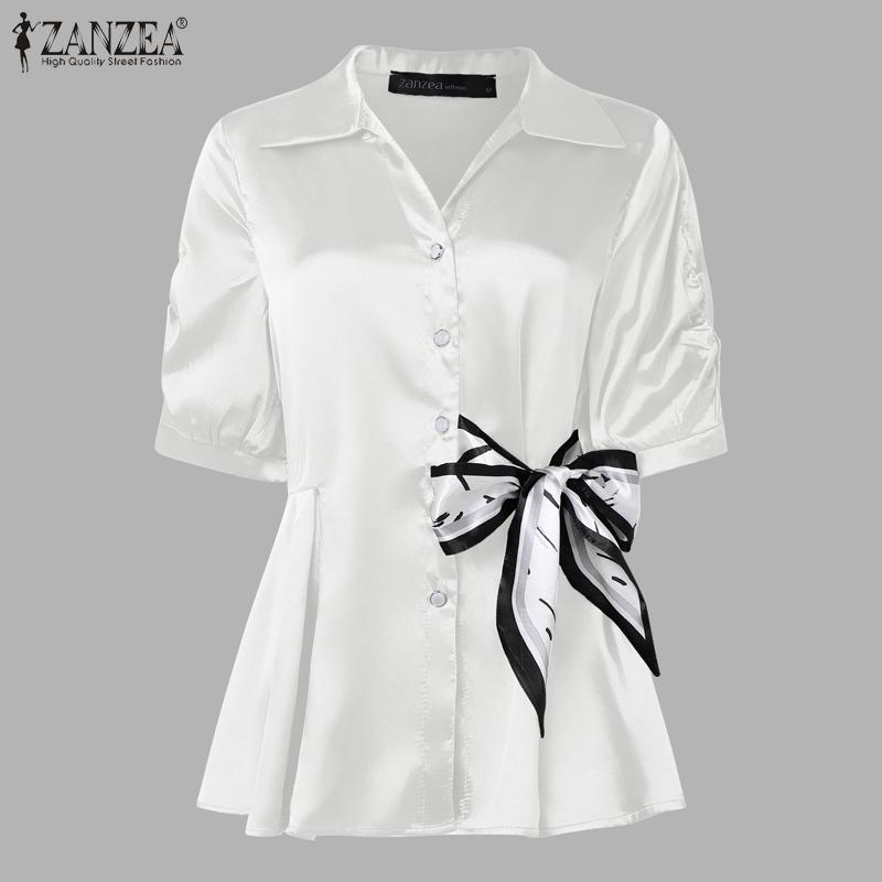 ZANZEA Damska Bluzka Satynowa z Kołnierzykiem i Krótkim Rękawem, Luźna, Casualowa, Patchworkowa