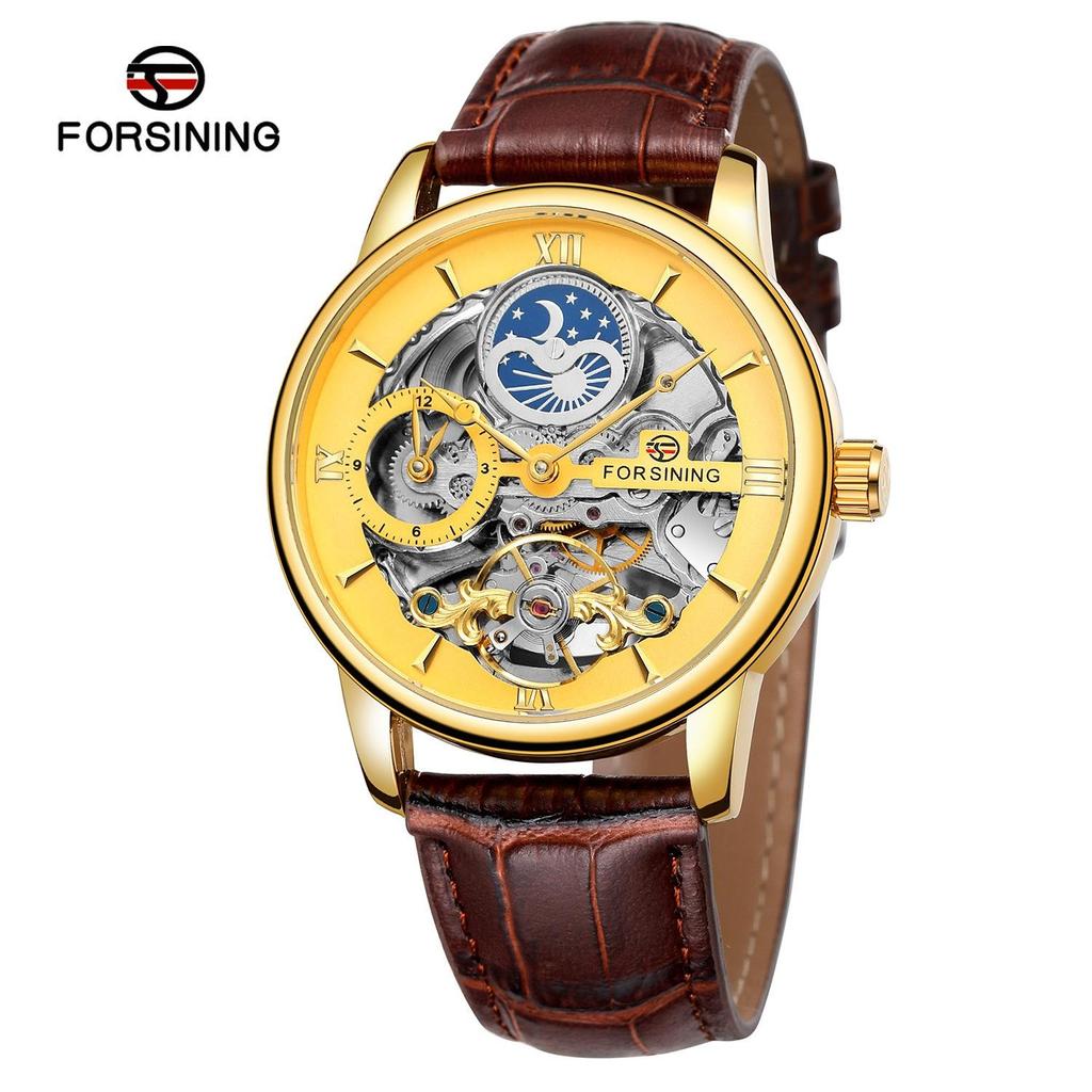 FORSINING Men's Luxury Automatic Mechanical Watch Leather Strap Automatic Tourbillon Hollow Mechanical Watch