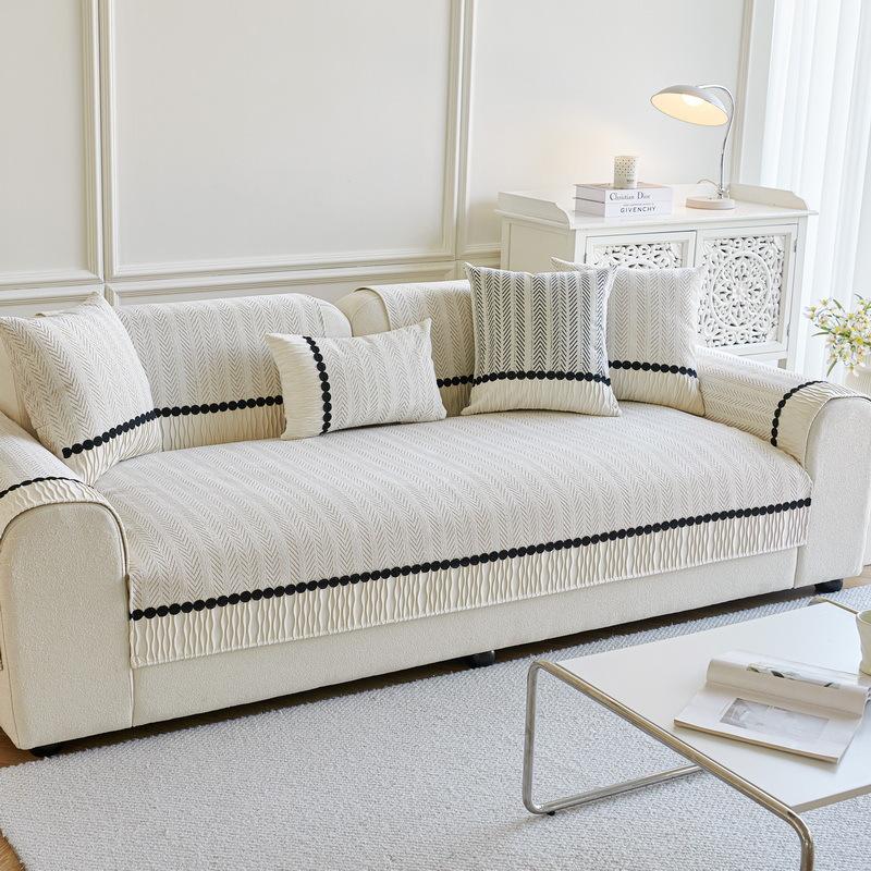 Light French Cream Wind Sofa Cushion  New Fish Bone Pattern Chenille Leather Sofa Non-Slip Backrest Cover Cloth Towel