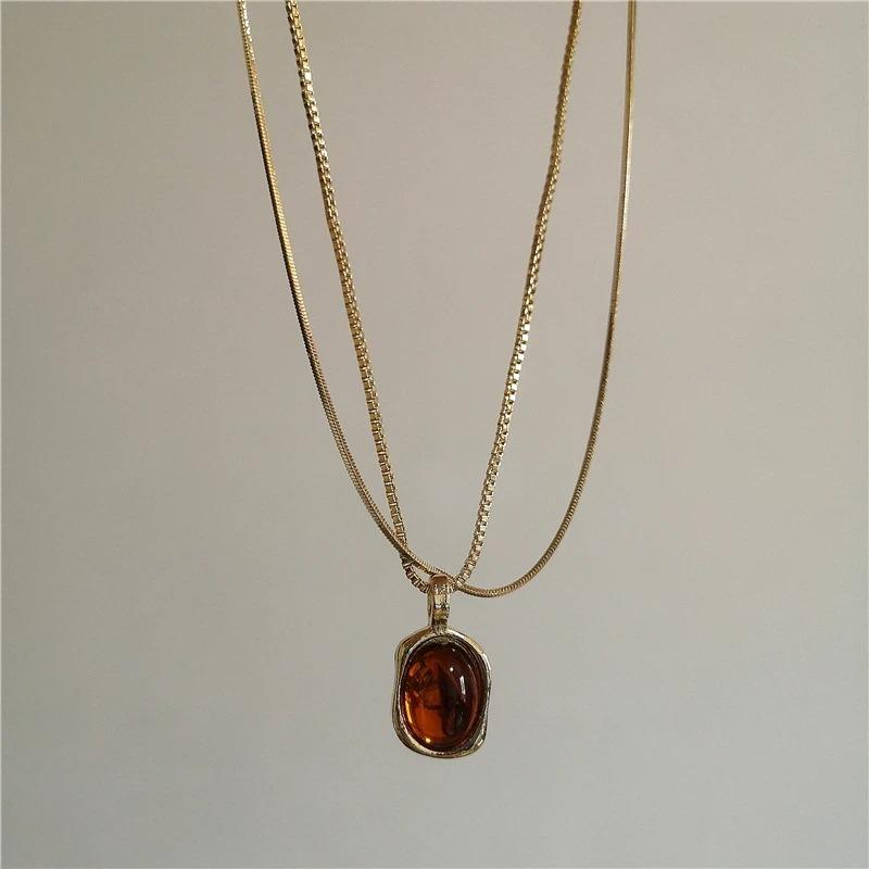 Retro Layered Tiger Eye Stone Pendant Necklaces for Girls Women Natural Stones Double-Layer Maillard Necklace Jewelry Gifts