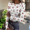 Women's Slim Fit Long Sleeve Base Layer T-Shirt with Christmas Print, Round Neck Pullover Top
