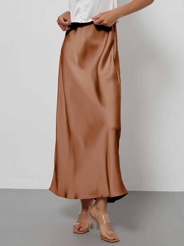 Women's Clothing Elegant Satin Midi Skirt Slim Fit High-Waisted Dress