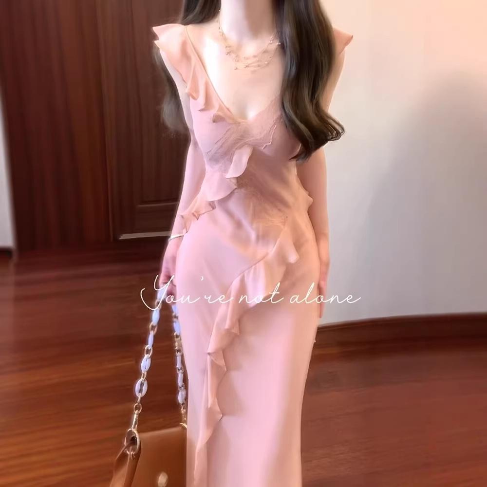 Women's Pink Ruffled Lace Patchwork Mermaid Hem Camisole Dress – Slim Fit Summer Long Dress